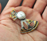 Серебряный кулон с жемчужиной, разноцветными сапфирами и цаворитом Серебро 925