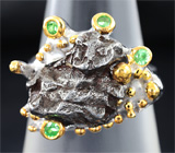 Серебряное кольцо с осколком Сихоте-Алинского метеорита и цаворитами Серебро 925