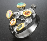 Серебряное кольцо с эфиопскими опалами и разноцветными сапфирами Серебро 925