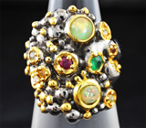 Серебряное кольцо c эфиопскими опалами, изумрудом, родолитом и разноцветными сапфирами