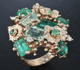 Золотое кольцо с изумрудами 5,78 карат, зелеными бериллами и бриллиантами Золото