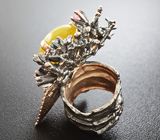 Серебряное кольцо с кабошоном желтого сапфира, аметистами, шпинелью и зеленым агатом Серебро 925