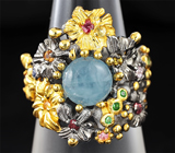 Серебряное кольцо с аквамарином, цаворитами и разноцветными сапфирами Серебро 925