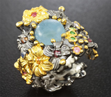 Серебряное кольцо с аквамарином, цаворитами и разноцветными сапфирами Серебро 925