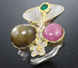 Серебряное кольцо с сапфирами и зеленым агатом Серебро 925