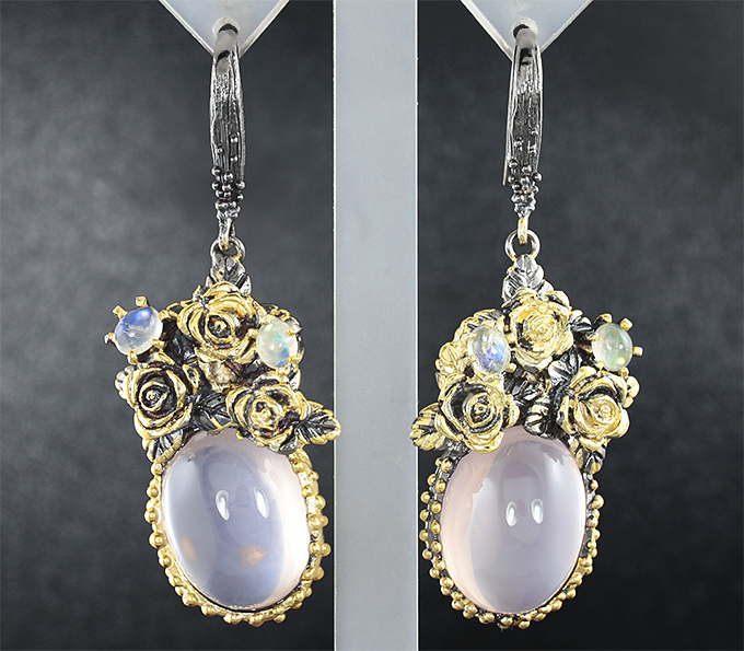 Серебряные серьги с розовым кварцем и лунным камнем