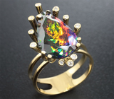 Золотое кольцо с топовым кристаллическим черным опалом 3,75 карат и бриллианитами Золото