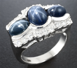 Стильное серебряное кольцо со звездчатыми сапфирами Серебро 925