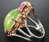 Серебряное кольцо с пренитом, пурпурно-розовыми сапфирами, диопсидами и аметистом Серебро 925