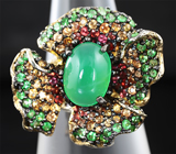 Серебряное кольцо с зеленым халцедоном, цаворитами и разноцветными сапфирами Серебро 925