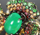 Серебряное кольцо с зеленым халцедоном, цаворитами и разноцветными сапфирами Серебро 925