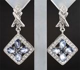 Стильные серебряные серьги со звездчатыми и синими сапфирами Серебро 925