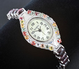 Часы с разноцветными сапфирами на серебряном браслете с родолитами Серебро 925