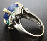 Серебряное кольцо c синим сапфиром, зеленым агатом и изумрудами Серебро 925