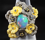 Серебряное кольцо с эфиопским опалом и синими сапфирами Серебро 925