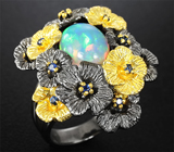 Серебряное кольцо с эфиопским опалом и синими сапфирами Серебро 925