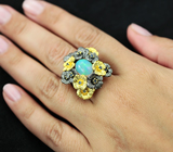 Серебряное кольцо с эфиопским опалом и синими сапфирами Серебро 925