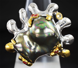 Серебряное кольцо с цветной жемчужиной барокко, рубинами и сапфирами Серебро 925