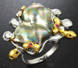 Серебряное кольцо с цветной жемчужиной барокко, рубинами и сапфирами Серебро 925