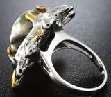 Серебряное кольцо с цветной жемчужиной барокко, рубинами и сапфирами Серебро 925