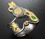 Серебряное кольцо с эфиопским опалом, изумрудом и оранжевым сапфиром Серебро 925