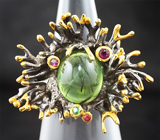 Серебряное кольцо с рутиловым пренитом и самоцветами Серебро 925