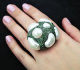 Серебряное кольцо с жемчугом барокко, цаворитами и оранжевыми сапфирами Серебро 925