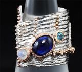Серебряное кольцо с синим сапфиром, лунным камнем и голубым топазом Серебро 925