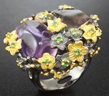 Серебряное кольцо с аметринами, эфиопским опалом и цаворитами