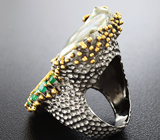 Серебряное кольцо c цветным жемчугом, дублет опалом, изумрудами и цаворитом Серебро 925