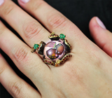 Серебряное кольцо с мексиканским jelly опалом, изумрудами и сапфирами Серебро 925