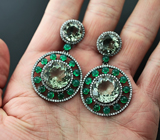 Крупные серебряные серьги с зелеными аметистами и агатами Серебро 925