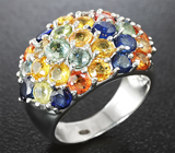 Широкое массивное серебряное кольцо с разноцветными сапфирами Серебро 925