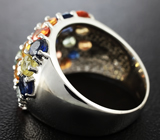 Широкое массивное серебряное кольцо с разноцветными сапфирами Серебро 925