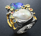 Серебряное кольцо с жемчужиной, австралийским дублет опалом и сапфирами Серебро 925