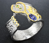 Серебряное кольцо с танзанитом, синими сапфирами и цаворитами гранатами Серебро 925