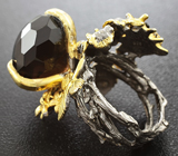 Серебряное кольцо с дымчатым кварцем и черными шпинелями Серебро 925