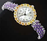 Часы с желтыми сапфирами на серебряном браслете с аметистами Серебро 925
