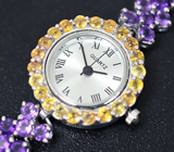 Часы с желтыми сапфирами на серебряном браслете с аметистами Серебро 925