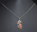 Серебряный кулон с кораллом, родолитами и сапфиром + цепочка Серебро 925