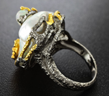 Серебряное кольцо c жемчужиной барокко, эфиопским опалом и сапфирами Серебро 925