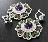 Роскошные серебряные серьги с самоцветами Серебро 925