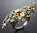 Серебряное кольцо с рубинами, разноветными сапфирами и цаворитами