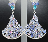 Роскошные cеребряные серьги с танзанитами, топазами и сапфирами Серебро 925