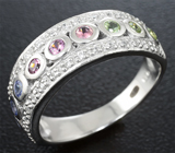 Стильное серебряное кольцо с танзанитами, родолитами и перидотами Серебро 925