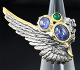 Серебряное кольцо с танзанитами и зелеными агатами Серебро 925