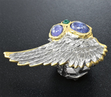 Серебряное кольцо с танзанитами и зелеными агатами Серебро 925