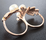 Серебряное кольцо на два пальца с жемчугом и цветной эмалью Серебро 925