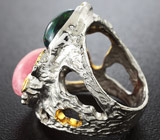 Серебряное кольцо с родохрозитом, кристаллическим черным опалом, сапфирами и цаворитами Серебро 925