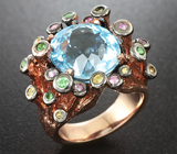 Серебряное кольцо с голубым топазом, цаворитами, желтыми и розовыми сапфирами Серебро 925